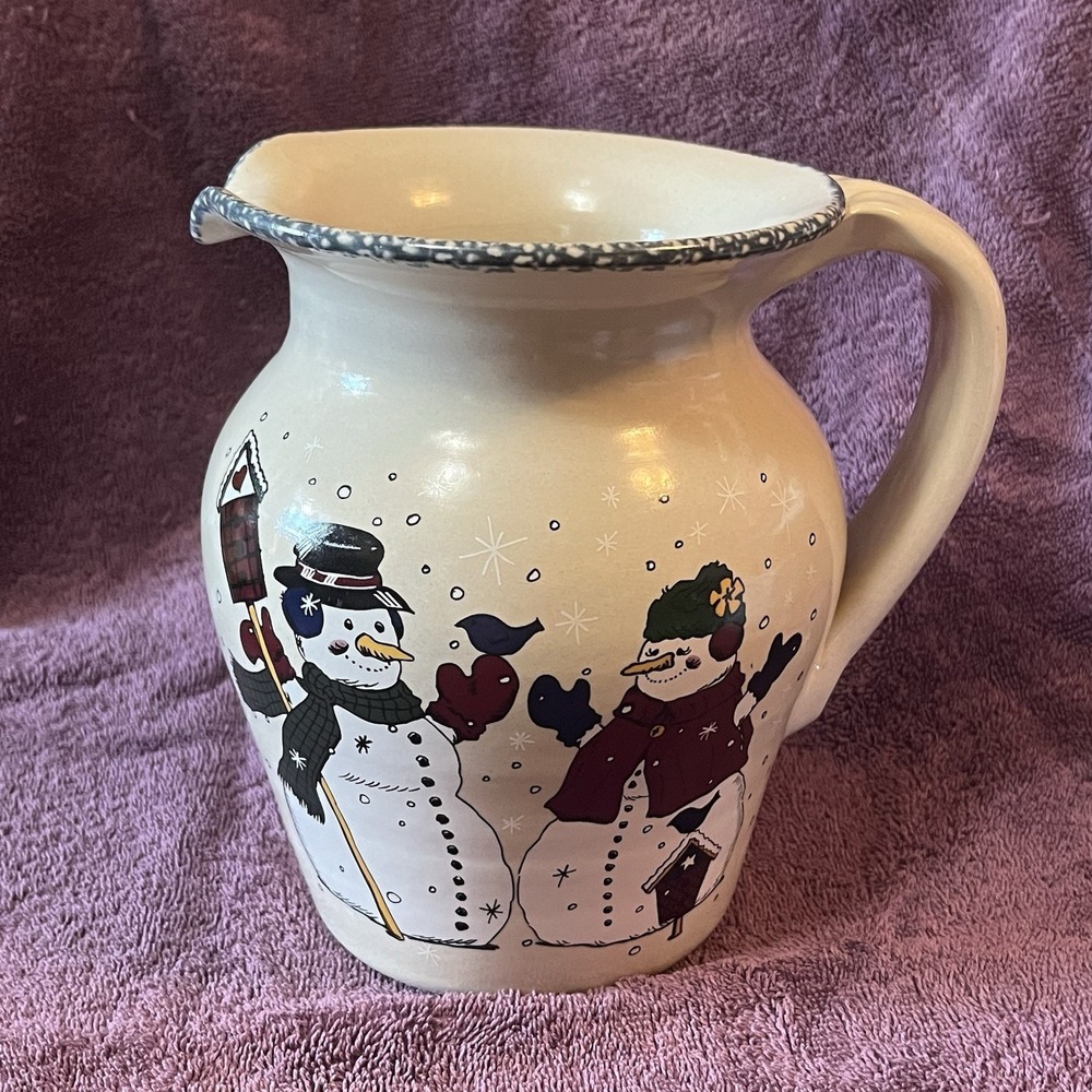 VTG Pottery Pitcher Snowmen Snowman Birds‎ Home & Garden Party Stoneware